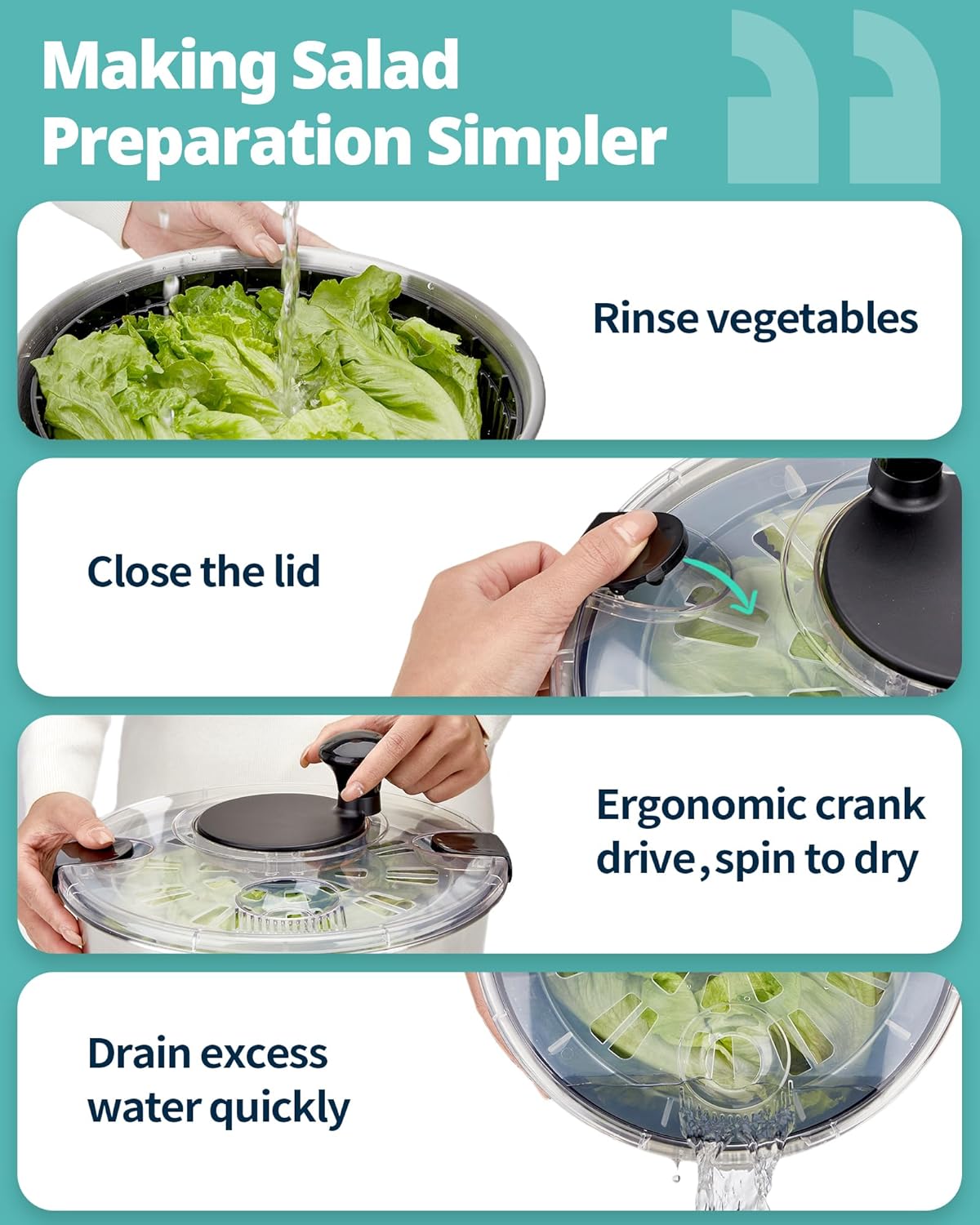Stainless Steel Salad Spinner - 6.34Qt Large Lettuce Dryer | BPA-Free Vegetable & Fruit Washer
