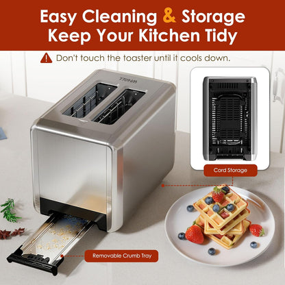 WHALL Touch Screen Toaster - 2 Slice Stainless Steel with Digital Timer & 6 Shade Settings | Extra Wide Slot, Silver