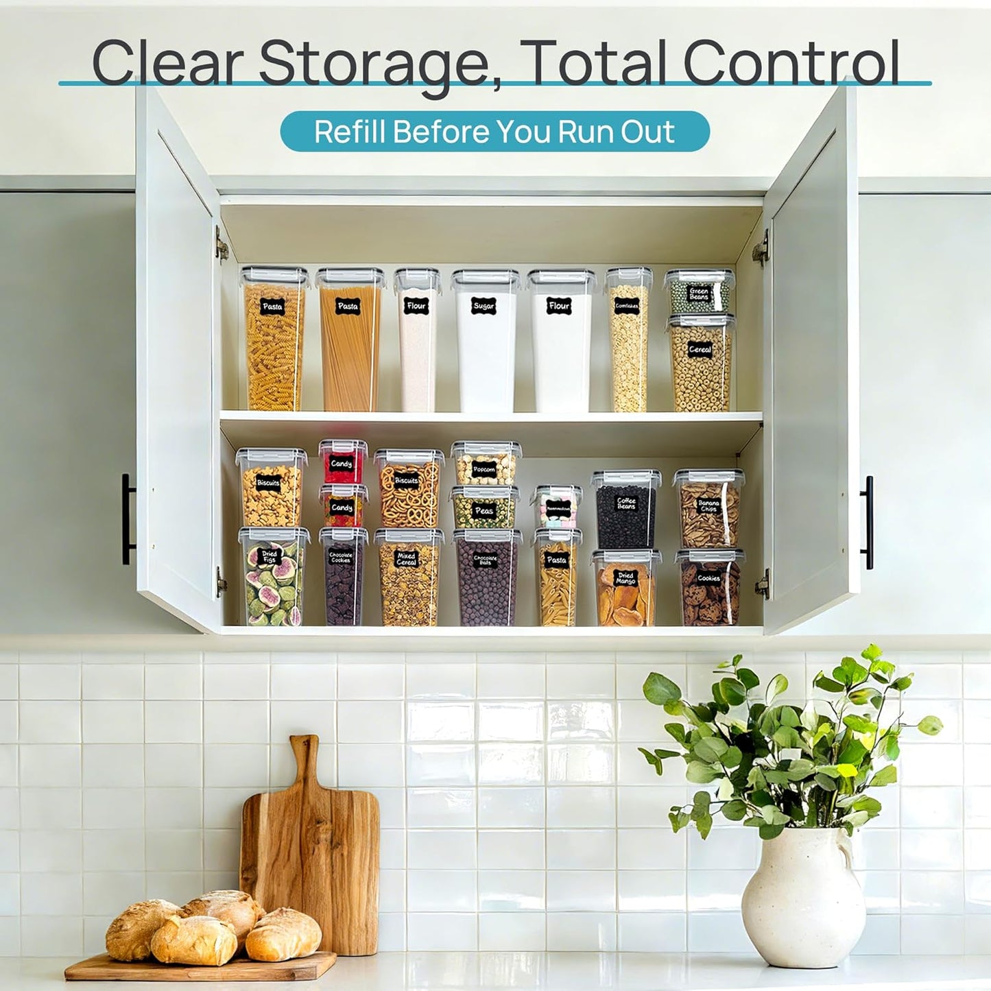 Vtopmart Airtight Food Storage Containers - 24 Pcs Plastic Canisters for Cereal, Flour & Sugar | BPA Free, Black