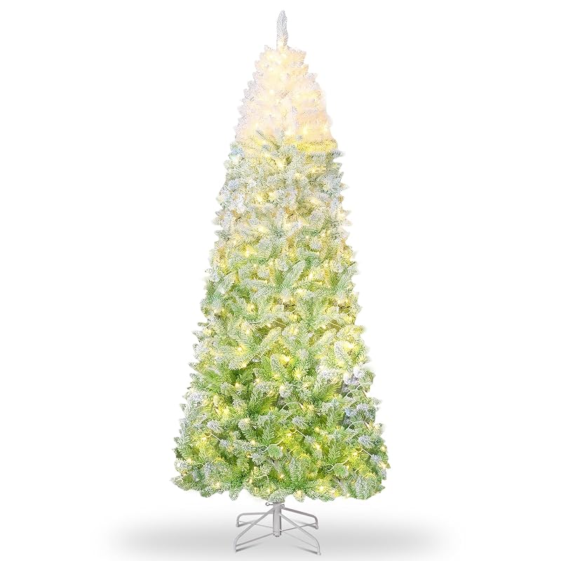 6ft Green Gradient Snow Flocked Prelit Pencil Christmas Tree - 100 Dual Color LED Lights, 320 Tips, Metal Stand (Variation: White & Green Gradient+6ft)