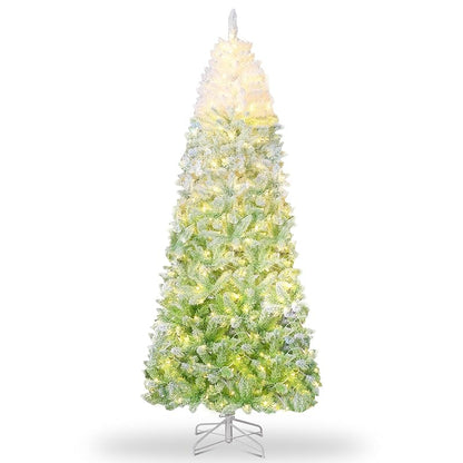 6ft Green Gradient Snow Flocked Prelit Pencil Christmas Tree - 100 Dual Color LED Lights, 320 Tips, Metal Stand (Variation: White & Green Gradient+6ft)