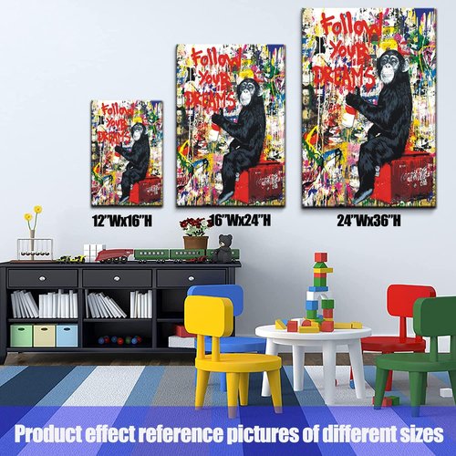 Banksy Canvas Art - Inspirational Graffiti Monkey Wall Decor for Living Room | 24"x16" Framed Print