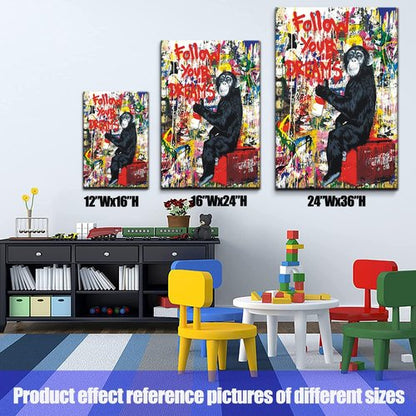 Banksy Canvas Art - Inspirational Graffiti Monkey Wall Decor for Living Room | 24"x16" Framed Print