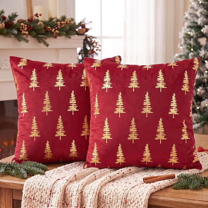 Christmas Red Velvet Throw Pillow Covers 18x18 in - Gold Foil Tree Design, Set of 2
