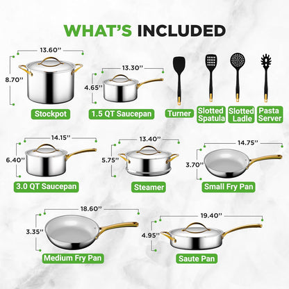 NutriChef 16-Piece Stainless Steel Kitchenware Set - Non-Stick Pots, Pans & Nylon Utensils