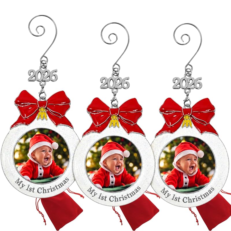 Baby’s First Christmas Photo Ornament Set of 3 - 3 Inch White Glitter Bulb, Red Bow & 2026 Charm (Variation: 3 Pack)