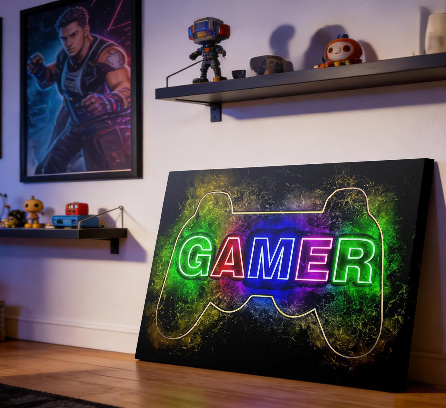Skiennix Colorful Neon Gamepad Canvas Wall Art - Vibrant Video Gamer Poster for Teen Boys Room | 12 x 16 Inch