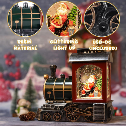 Santa Red Train Christmas Snow Globe Lantern - Musical & Light-Up Holiday Décor | USB & Battery Operated, 6-Hour Timer
