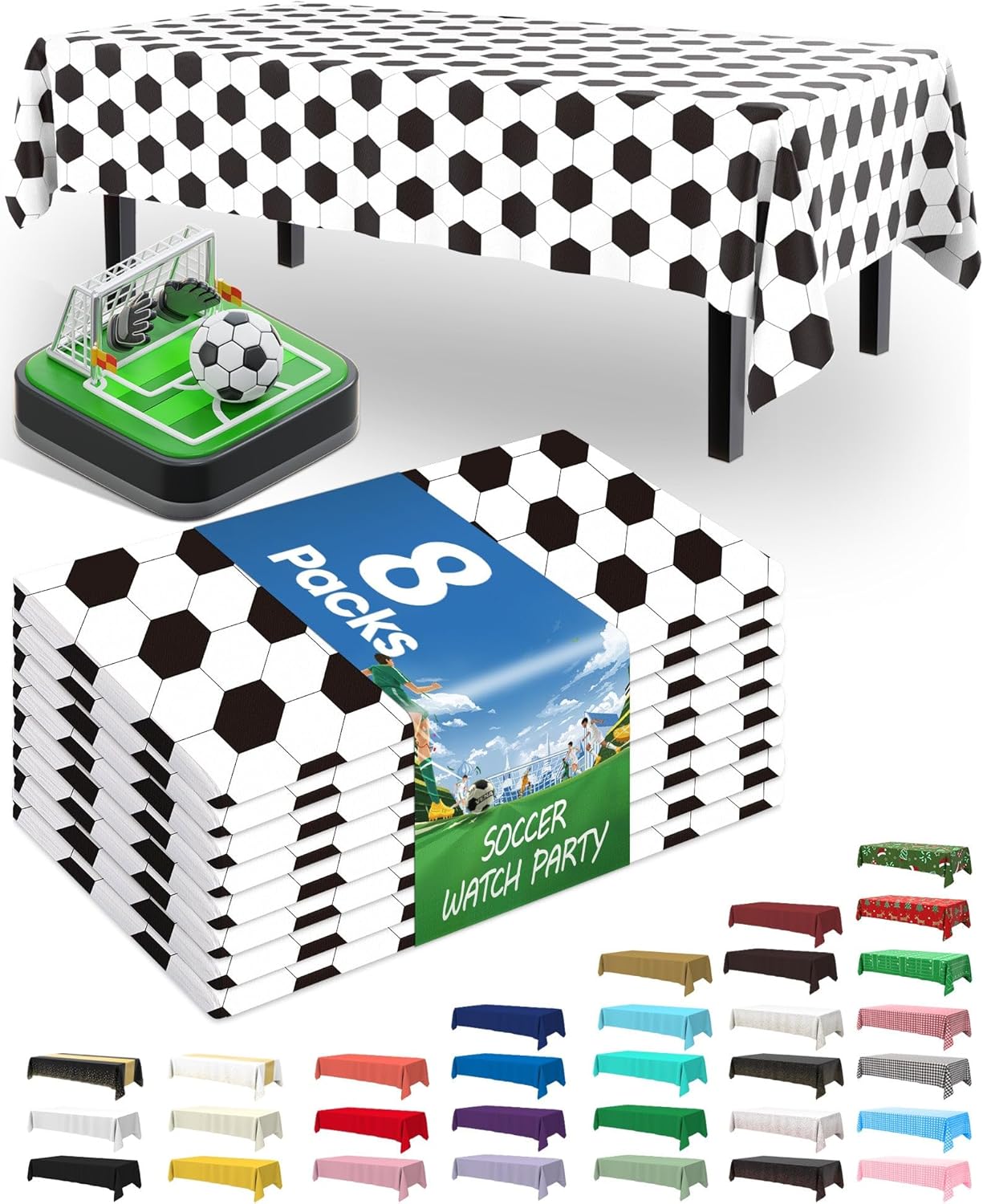 Pureegg Soccer Tablecloths - Disposable 8-Pack, Sturdy Leakproof Rectangle Covers 54 x 108 Inch, White & Black