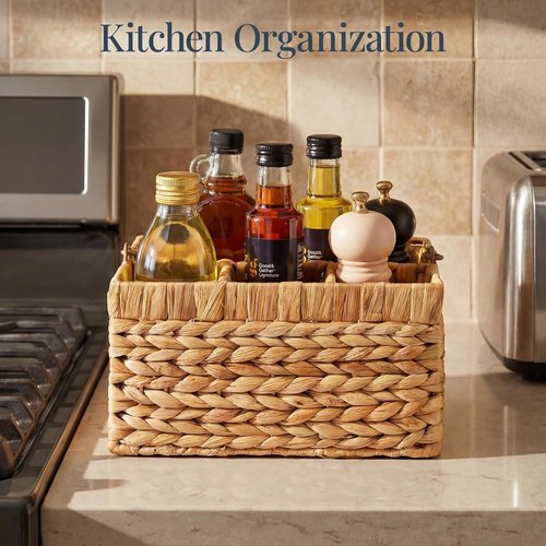 Best Choice Products Utensil Caddy - Woven Wicker 4-Compartment Organizer for Kitchen & Parties | Natural