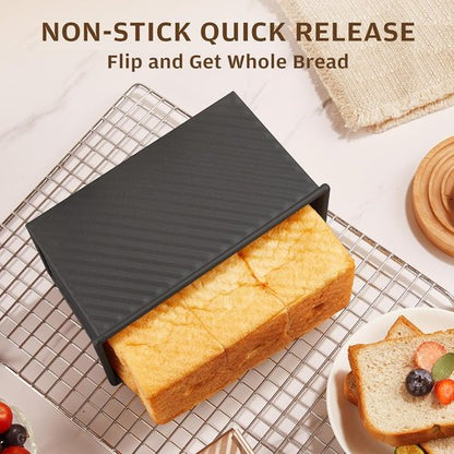 KITESSENSU Carbon Steel Pullman Loaf Pan - Non-Stick Design with Lid | 1 lb Dough Capacity, Black