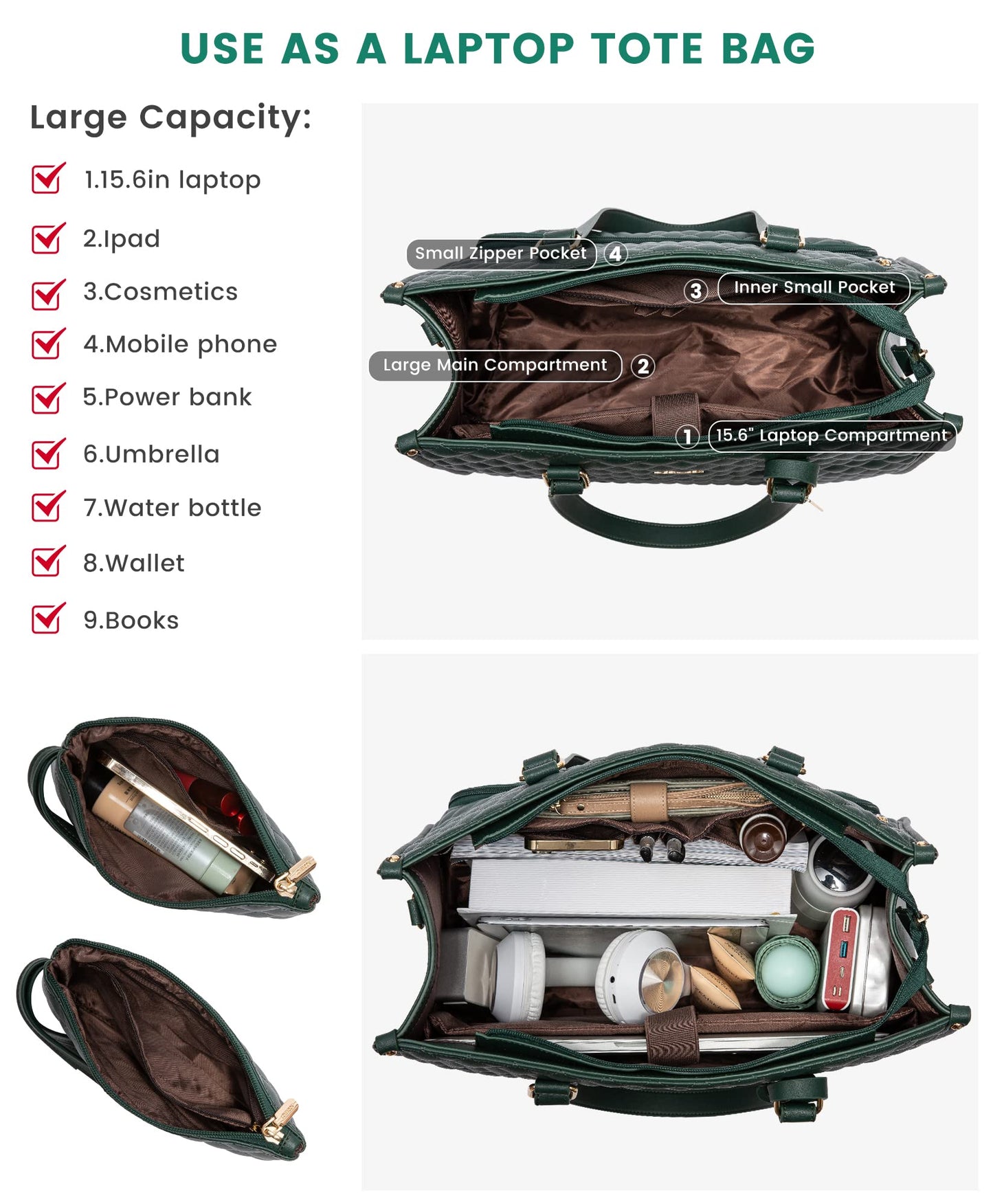 LOVEVOOK Lunch Tote Bag for Women, 15.6 Inch Laptop Bag with Insulated Lunch Compartment, Quilted Large Capacity Computer Handbag with Purse for Business, Work, Nurse, Collage, Office, Casual, Green