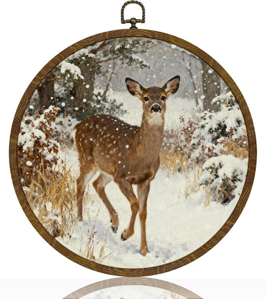 Sika Deer Wall Art by Retro | Vintage Snowy Forest Hanging Decor | Rustic 10-Inch Round Artwork for Farmhouse & Cabin