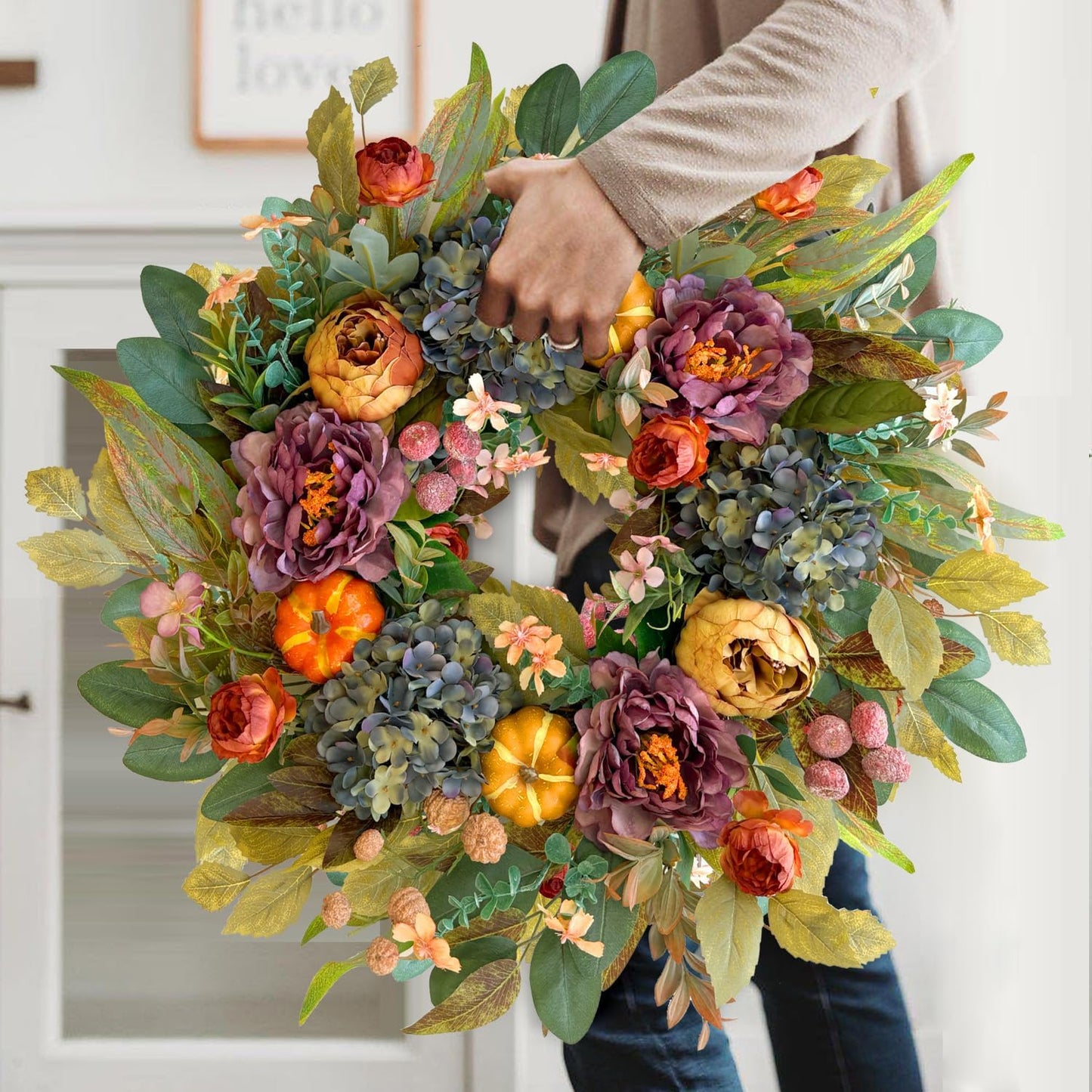 WANNA-CUL 24 Inch Spring & Fall Wreath - Blue Hydrangea & Purple Peony Home Decor