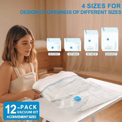 Skiennix Vacuum Seal Bags - 12 Pack Clothing Storage Bags with Portable Electric Pump | Space Saver for Travel
