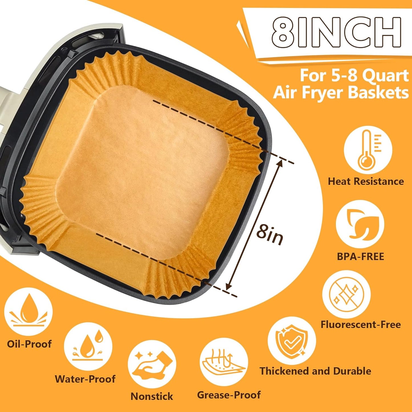 Skiennix Air Fryer Liners - 125 Pcs Non-Stick Parchment Paper | 8-Inch with Cooking Guide Booklet