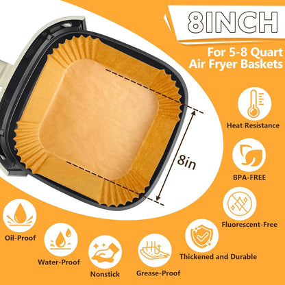 Skiennix Air Fryer Liners - 125 Pcs Non-Stick Parchment Paper | 8-Inch with Cooking Guide Booklet