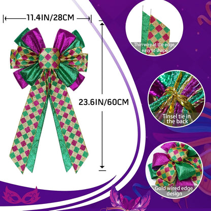 Skiennix Mardi Gras Bows - Large 12”x20” Glitter Tree Topper Decor for Holiday Parties & Wreaths | Gold, Green, Purple