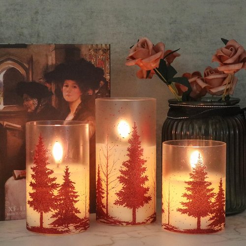 DRomance Flameless Christmas Tree Candles - Remote Timer, Real Wax, 3D Wick | Red, Set of 3 (3, 4, 5, 6 Inch)