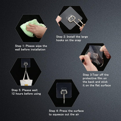 Skiennix Heavy-Duty Adhesive Wall Hooks - 33lb Max Load, Waterproof, Transparent | 20 Pack for Easy Hanging