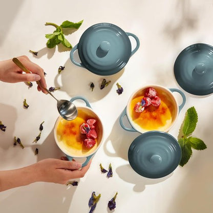 Kook Ceramic Mini Cocotte Set - 12 oz Individual Baking Ramekins with Lids & Handles | Oven & Microwave Safe, Stone Ombre, Set of 4