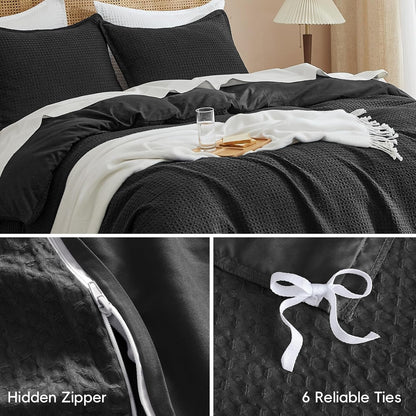 PHF Waffle Weave Duvet Cover Set - Ultra Soft Luxury Twin/Twin XL Bedding | 2-Piece Black Set with Pillow Sham