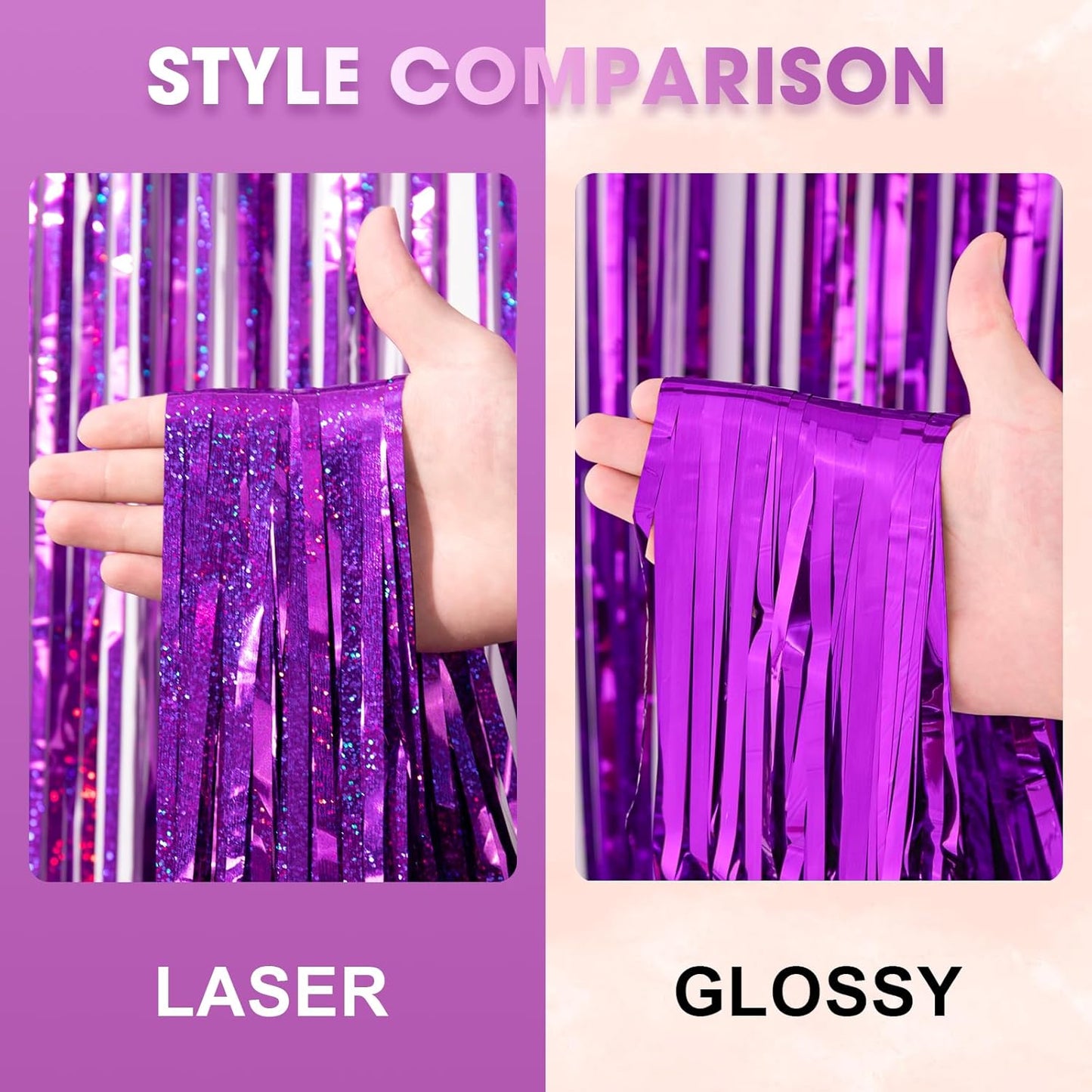 Voircoloria Laser Purple Foil Fringe Backdrop Curtains - 3 Pack Tinsel Streamers for Parties & Events
