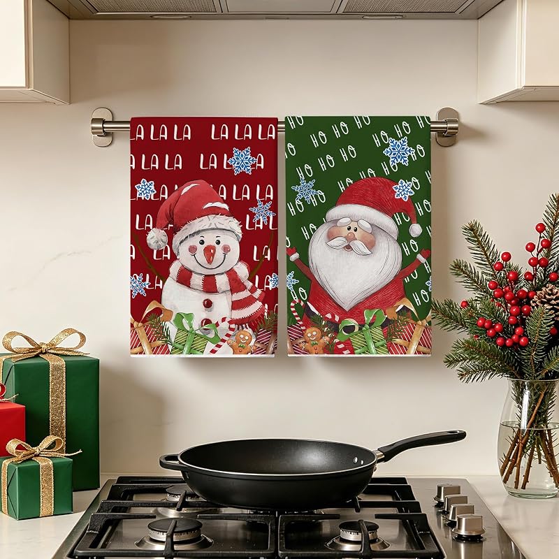 Christmas Kitchen Towels Set of 2 18x28in Snowman Santa - Red/Green Variation