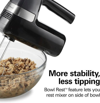 Hamilton Beach Electric Hand Mixer - 6 Speeds with Stir Button | 300W Power, Whisk & Storage Clip, Black