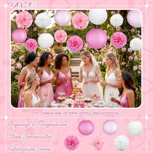 KAXIXI Pink Party Decorations - 15 Pcs Hanging Paper Lanterns & Tissue Pom Poms for Baby Showers & Birthdays