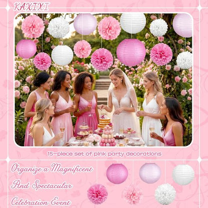 KAXIXI Pink Party Decorations - 15 Pcs Hanging Paper Lanterns & Tissue Pom Poms for Baby Showers & Birthdays