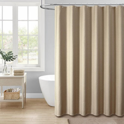 Dynamene Extra Wide Shower Curtain - 84 Inch Wide Waffle Weave Weighted Thick Cloth Bathroom Shower Curtain, Neutral Heavy Duty Hotel Bath Curtain Set with 14 Plastic Hooks, 84x72, Beige/Khaki