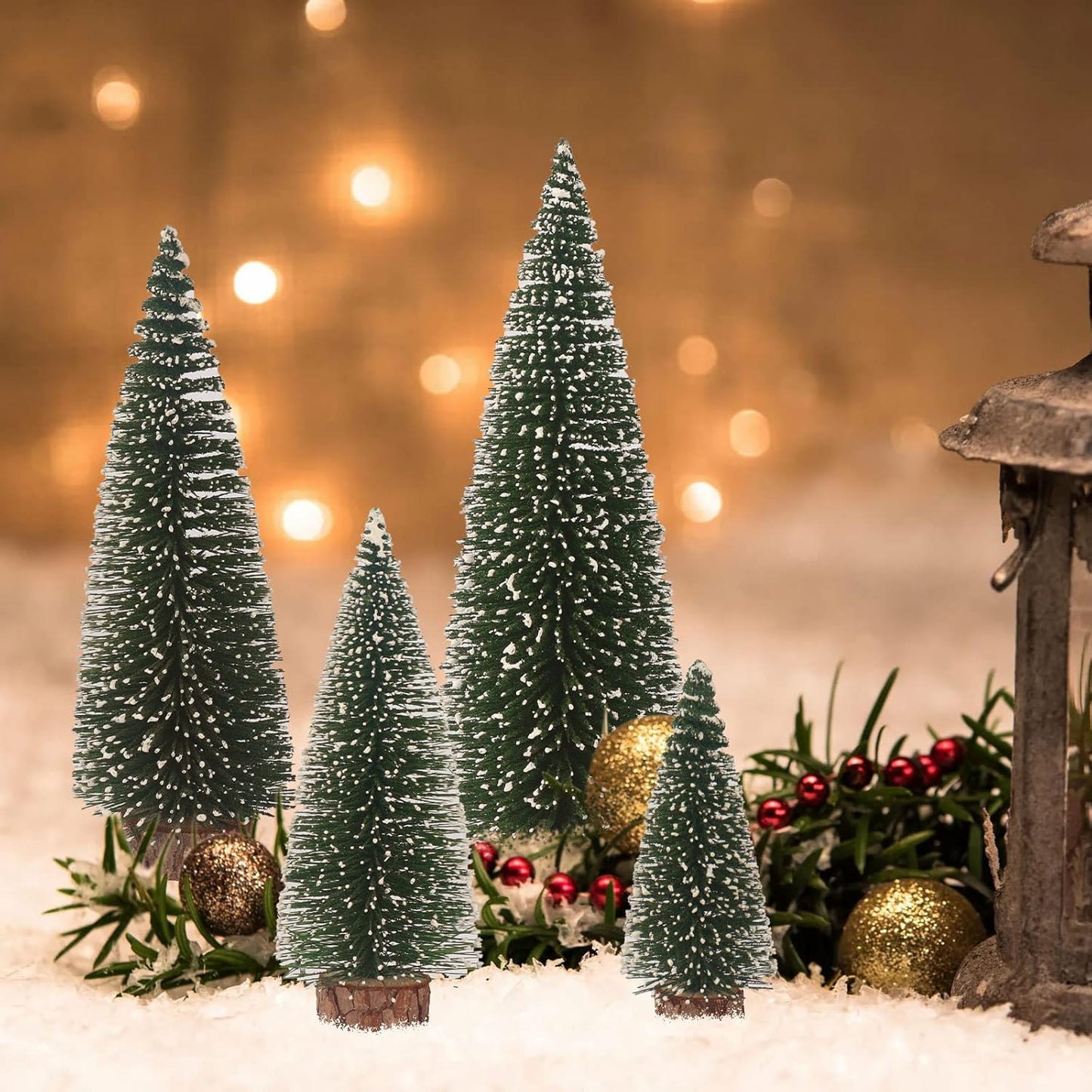 Skiennix Mini Christmas Tree - Small Pine Tree with Wooden Base for Holiday Table Decor | Green (4pcs)