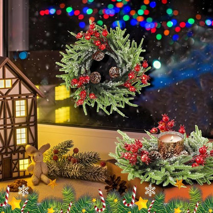 8 Pcs Christmas Candle Rings - 10 Inch Rustic Artificial Berries & Pine Cone Wreaths for Table Centerpieces