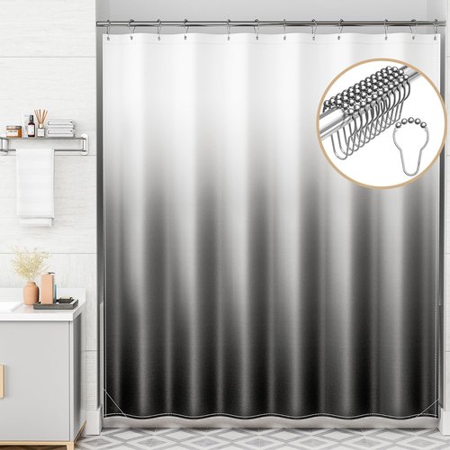 AmazerBath Shower Curtain, Cloth Ombre Black Shower Curtain Set with 12 Hooks, Washable Fabric Black and White Shower Curtain, Rustic Farmhouse Bathroom Shower Curtain, 72x72 Inches