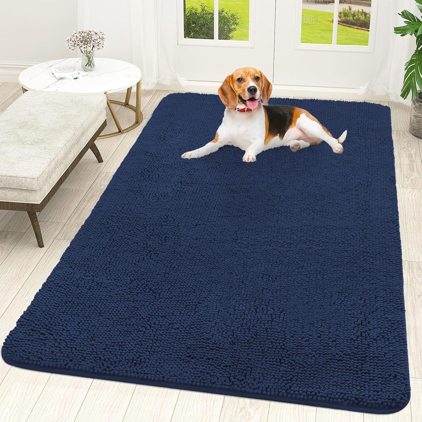 OLANLY Dog Door Mat - Absorbent Non-Slip Chenille Mat for Muddy Paws | 59x35 Dark Blue Indoor Carpet