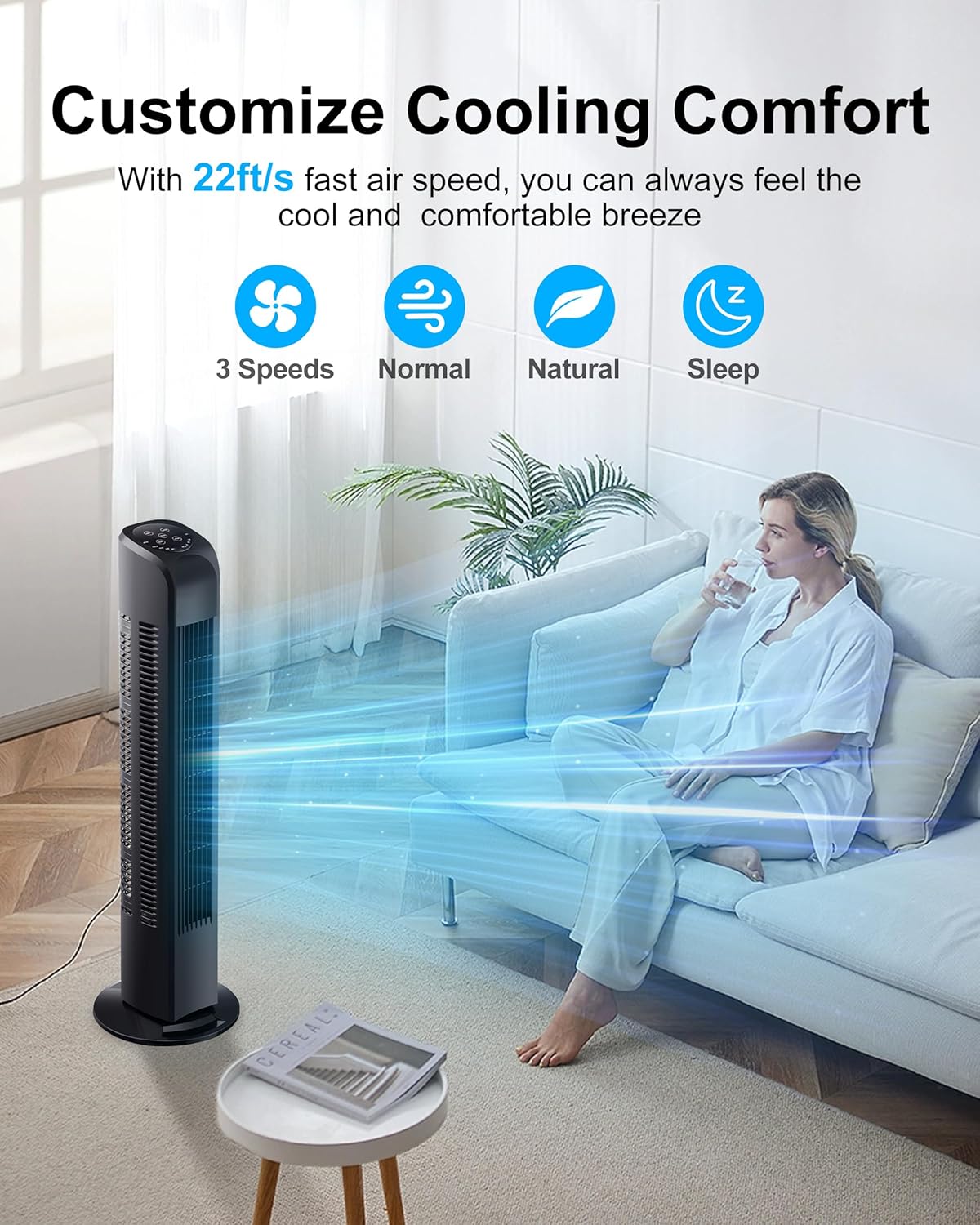 Uthfy Oscillating Tower Fan - Quiet Bladeless Design with Remote Control | 30-Inch Black Floor Fan for Home & Office
