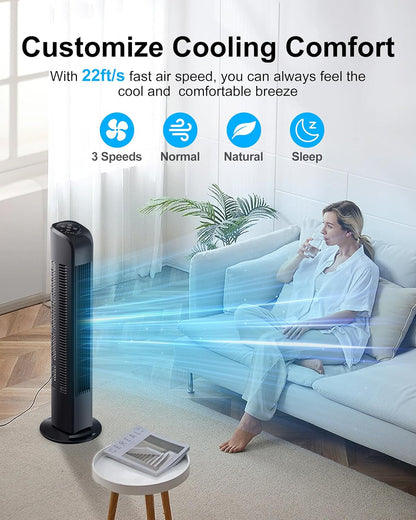 Uthfy Oscillating Tower Fan - Quiet Bladeless Design with Remote Control | 30-Inch Black Floor Fan for Home & Office