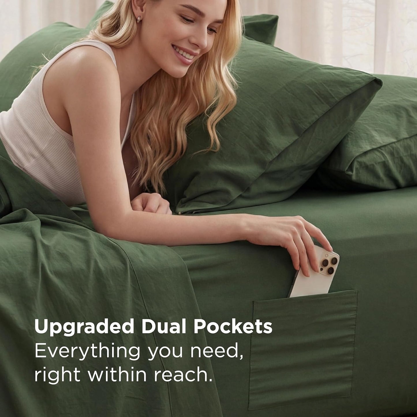Bedsure Deep Pocket Queen Sheets - Ultra-Soft 6-Piece Bedding Set, Fits Mattresses Up to 18", Olive Green