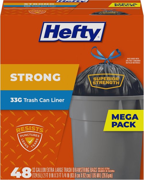 Hefty Strong Extra Large Trash Bags - 33 Gallon, Black, 48 Count | Durable & Reliable