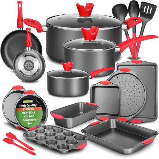 NutriChef 21-Piece Nonstick Cookware Set - Heat Resistant, PTFE/PFOA Free | Includes Pots, Pans & Bakeware