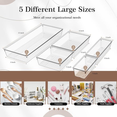 Criusia 14 PCS Clear Plastic Drawer Organizer Set - Versatile Non-Slip Storage Bins for Kitchen & Bathroom