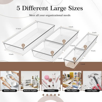 Criusia 14 PCS Clear Plastic Drawer Organizer Set - Versatile Non-Slip Storage Bins for Kitchen & Bathroom