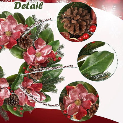 24in Christmas Magnolia Wreath with Pine Cones & Berries - Front Door Decor (Variation: 24in Wreath)