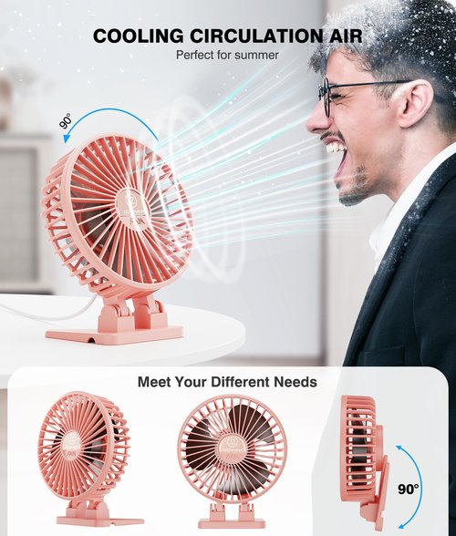 JZCreater USB Desk Fan, Portable Mini Fan, 3 Speeds Desktop Table Cooling, Plug in Power, Rotation Strong Wind, Quiet Personal Small Fan for Home Desktop Office Travel Bedroom, Pink
