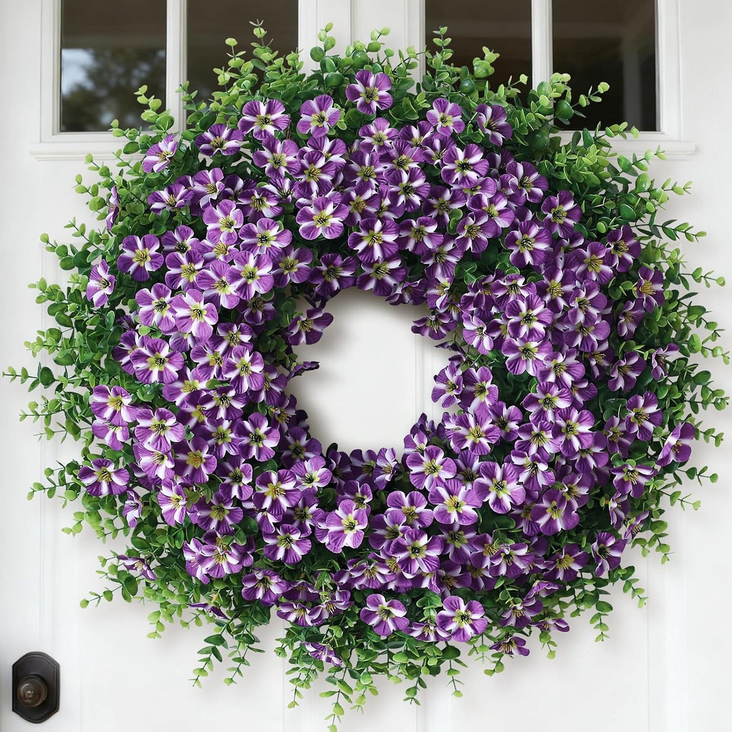 Skiennix 26" Large Artificial Eucalyptus Wreath - Realistic Faux Silk Morning Glory Flowers for Home & Wedding Decor (Purple)
