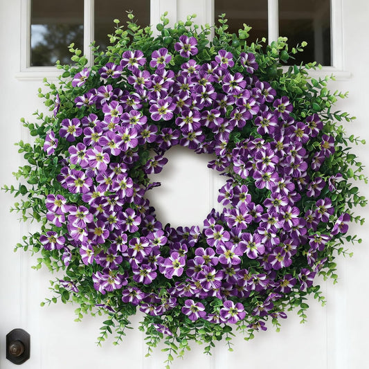 Skiennix 26" Large Artificial Eucalyptus Wreath - Realistic Faux Silk Morning Glory Flowers for Home & Wedding Decor (Purple)