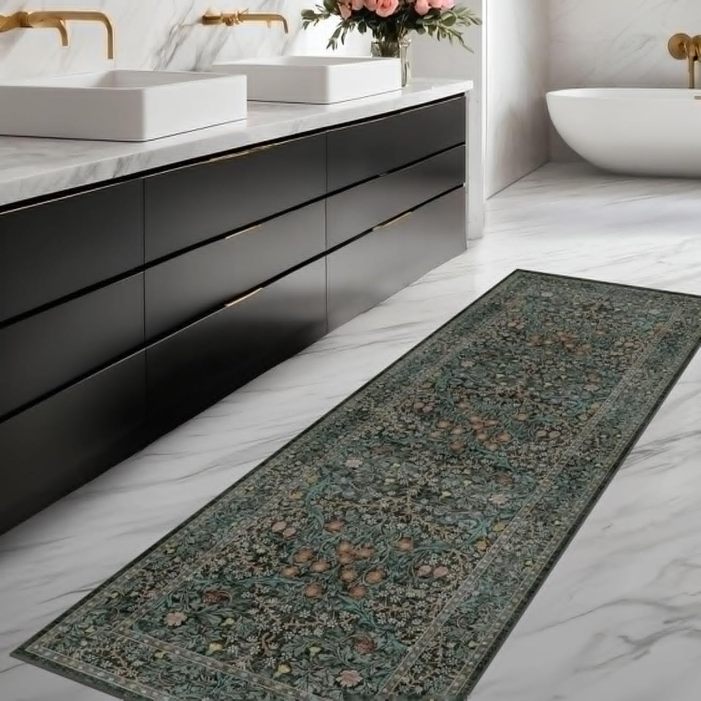 Boho Vintage Floral Kitchen Runner Rug - Non-Slip, Washable Rubber Backed | Dark Green Low Pile Carpet for Entryway & Hallway