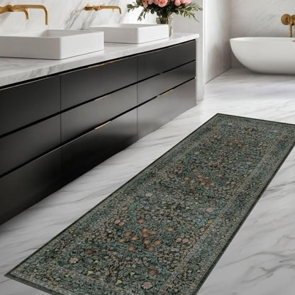 Boho Vintage Floral Kitchen Runner Rug - Non-Slip, Washable Rubber Backed | Dark Green Low Pile Carpet for Entryway & Hallway