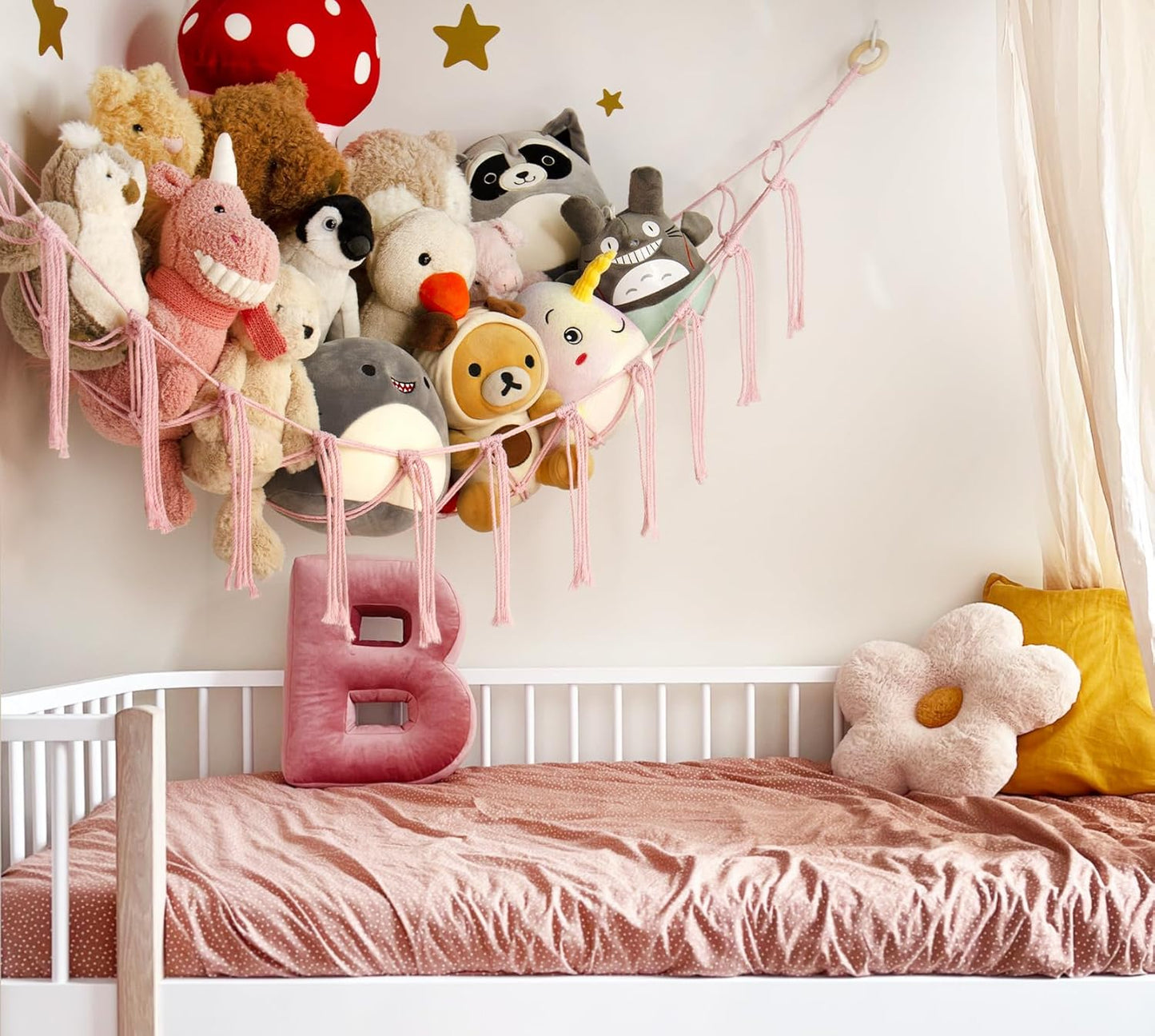 Skiennix Stuffed Animal Storage Hammock - Pink Corner Net for Cute Toy Organization | Boho Decor